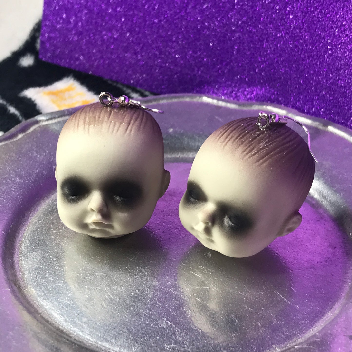 creepy baby doll head earrings