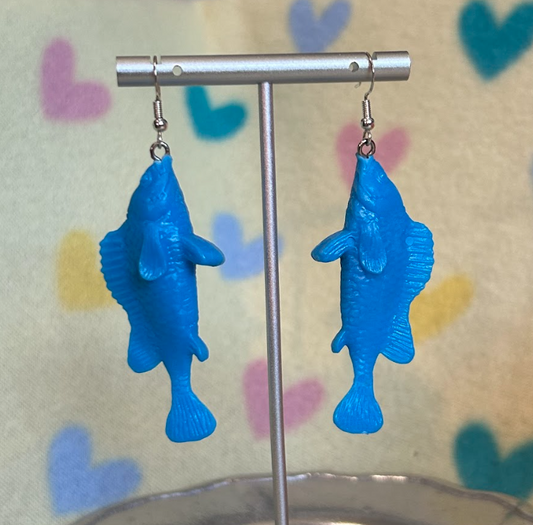 goofy blue fish earrings