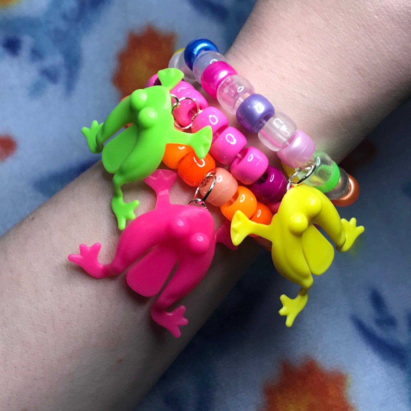 colorful neon frog kandi bracelets - set of 3