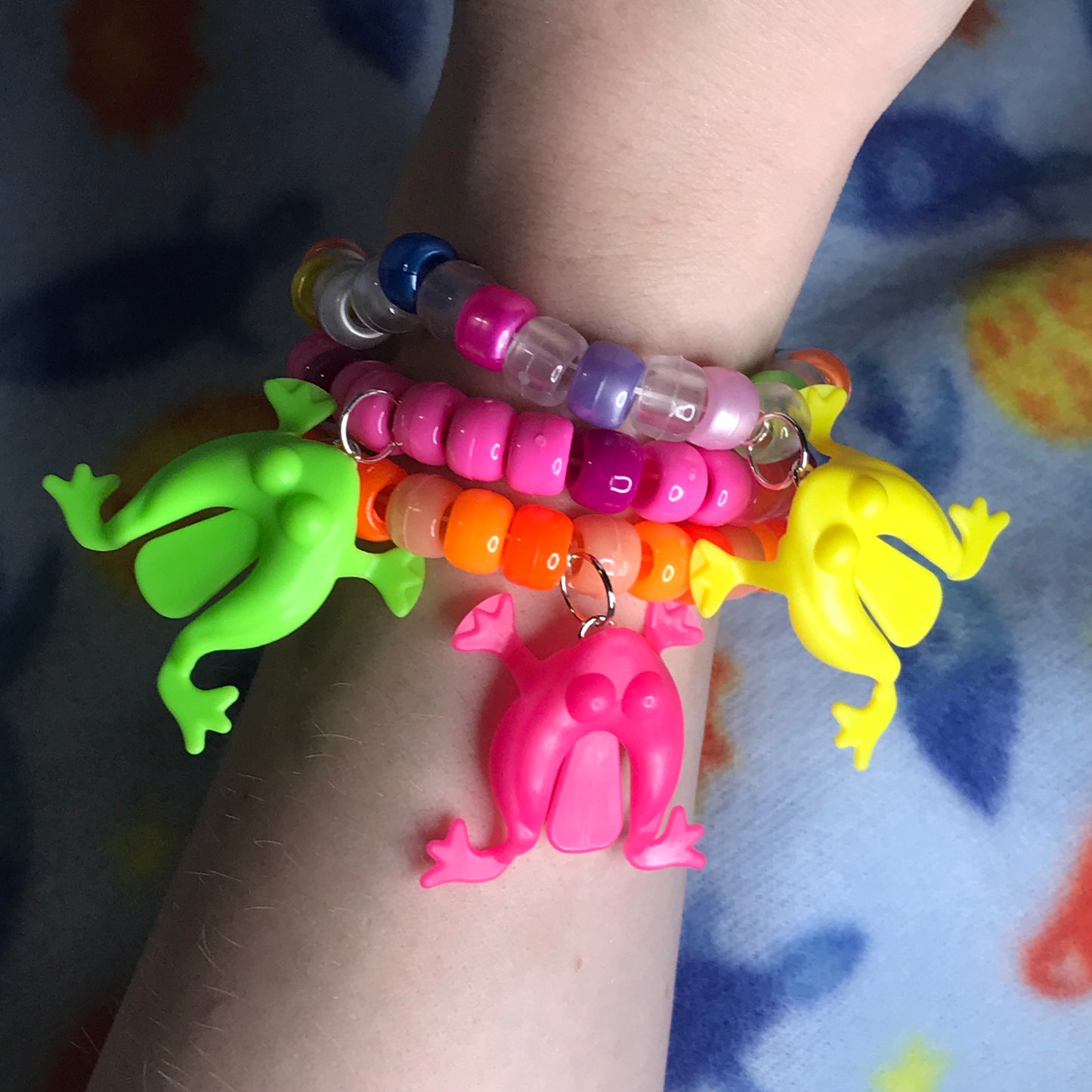 colorful neon frog kandi bracelets - set of 3