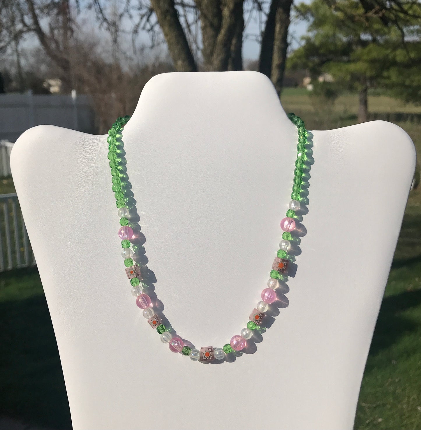 pink and green beaded necklace