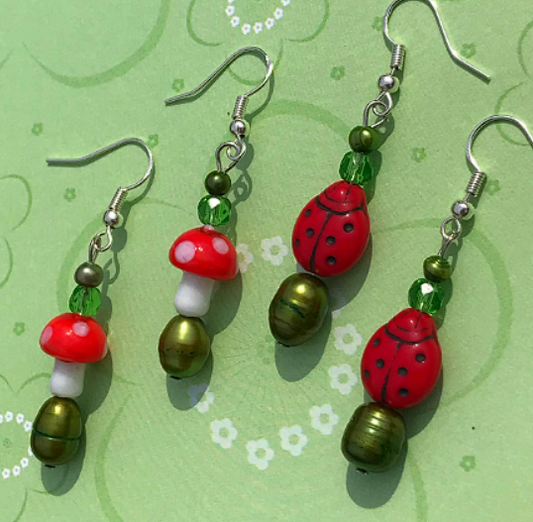 green mushroom/ladybug earrings