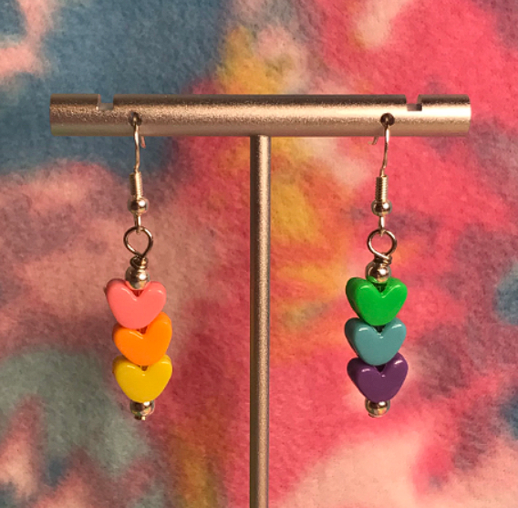 rainbow kandi heart earrings